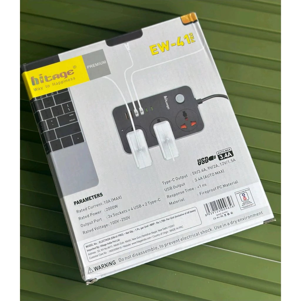 Hitage EW-41 Pro Power Strip | 2000W | 3 Power Sockets + 4 USB + 2 Type-C Ports